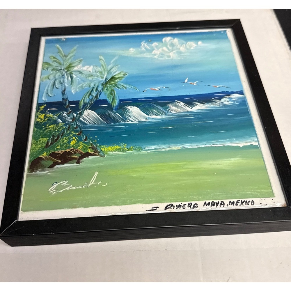Riviera Maya Mexico Hand Painted Ceramic Tile Art Tropical Beach Framed 8x8
